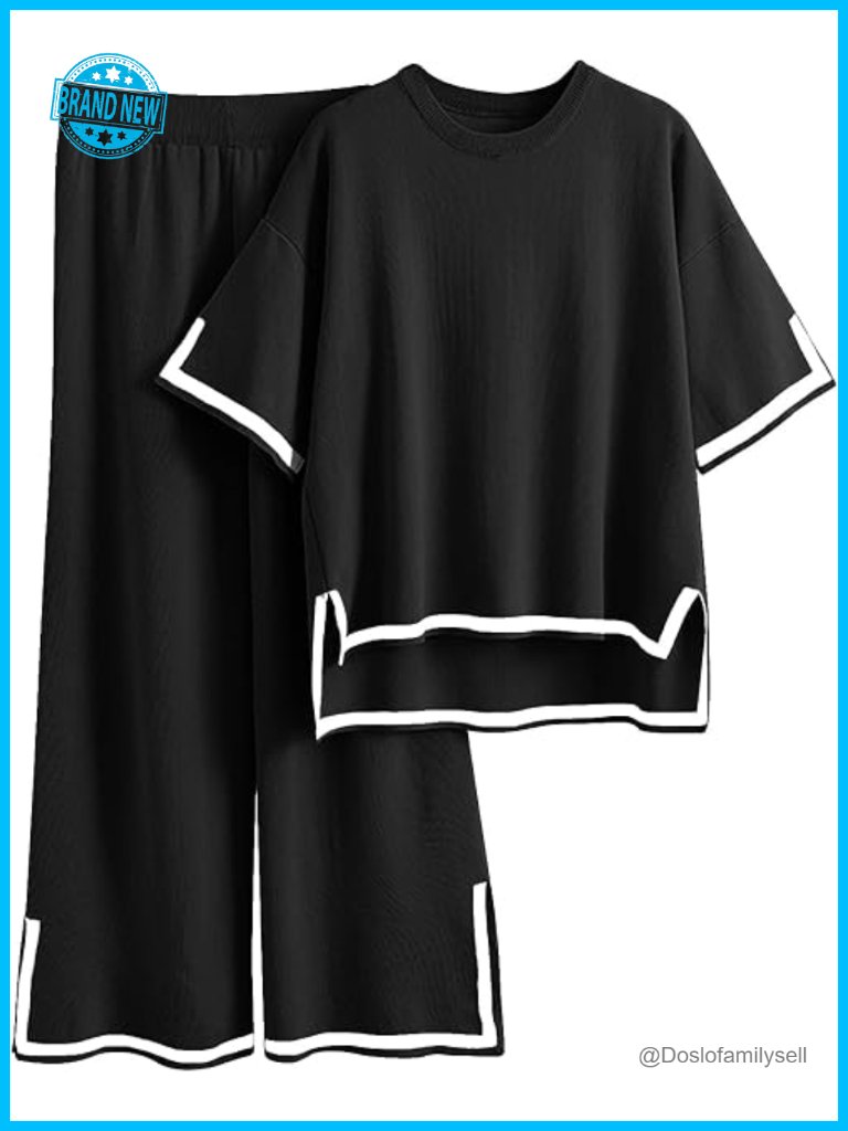 Plus Size Lounge Set - 2 Piece Outfit Short Sleeve Top Wide Leg Pants